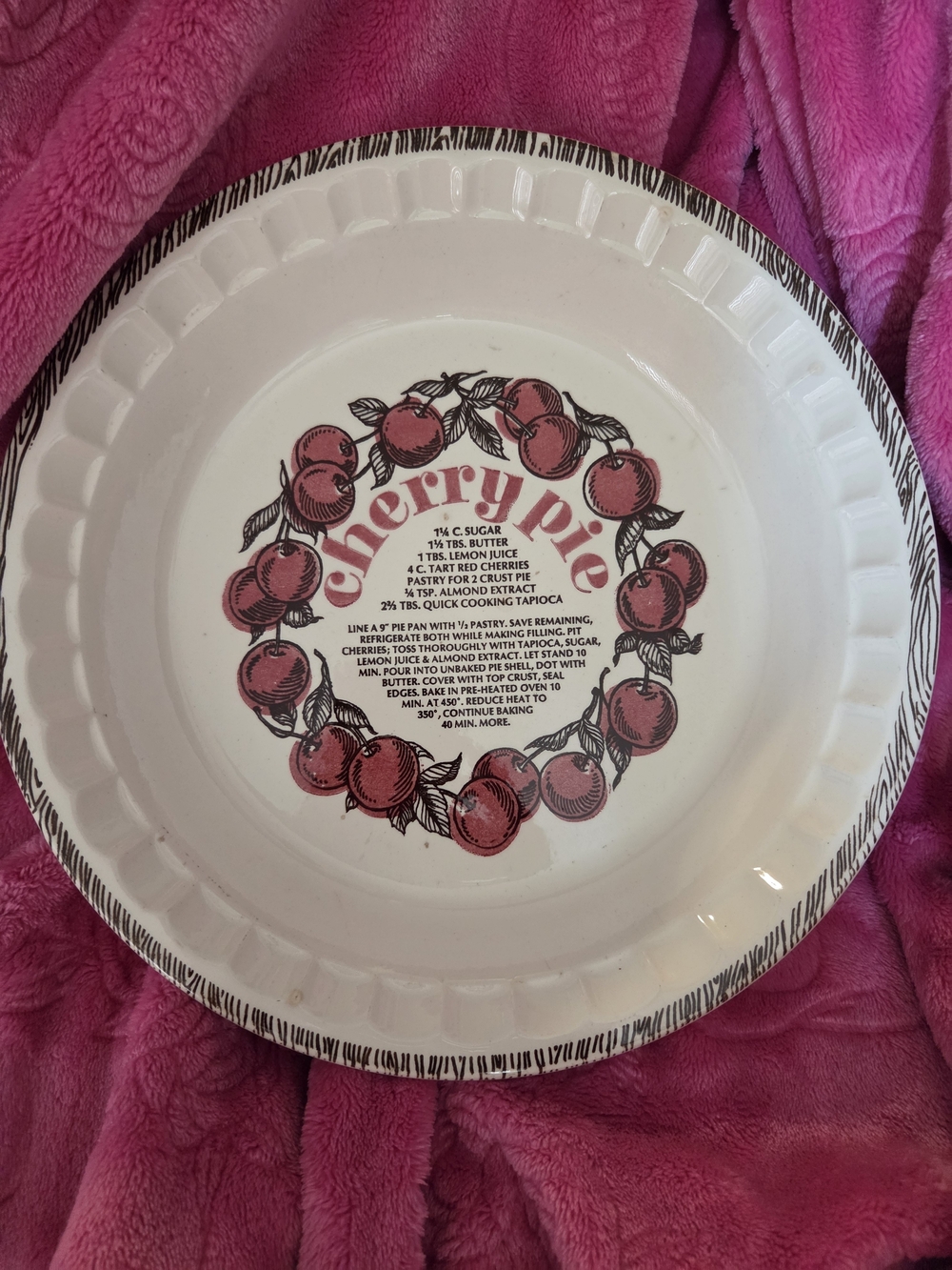 Ceramic Cherry Pie Dish in White with Pink Graphic